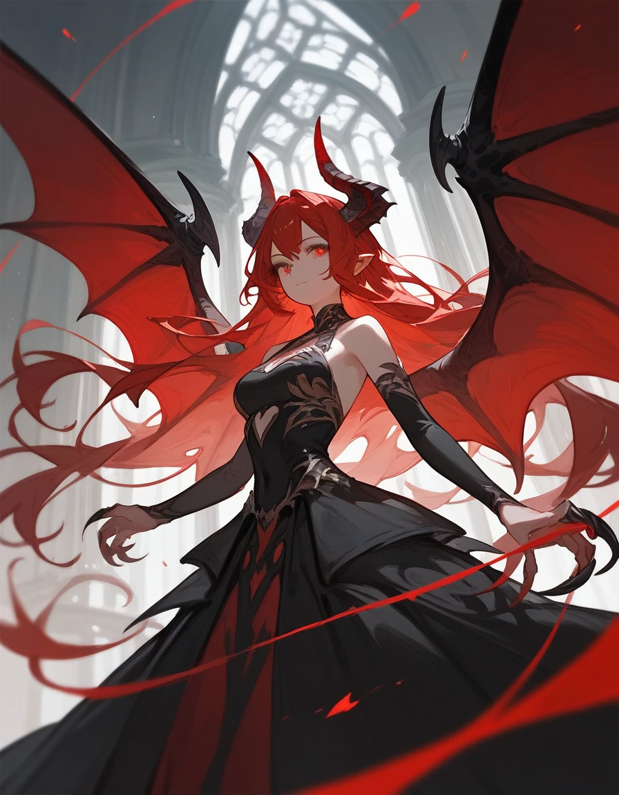 (score_9,score_8_up,score_7_up),1girl,girl demon,red hair,red eyes,wings,claws,black dress,beautiful_face,