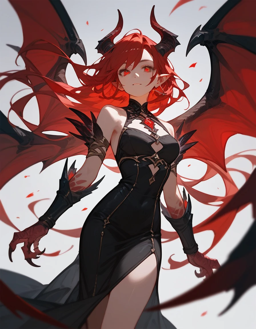 (score_9,score_8_up,score_7_up),1girl,girl demon,red hair,red eyes,wings,claws,black dress,beautiful_face,