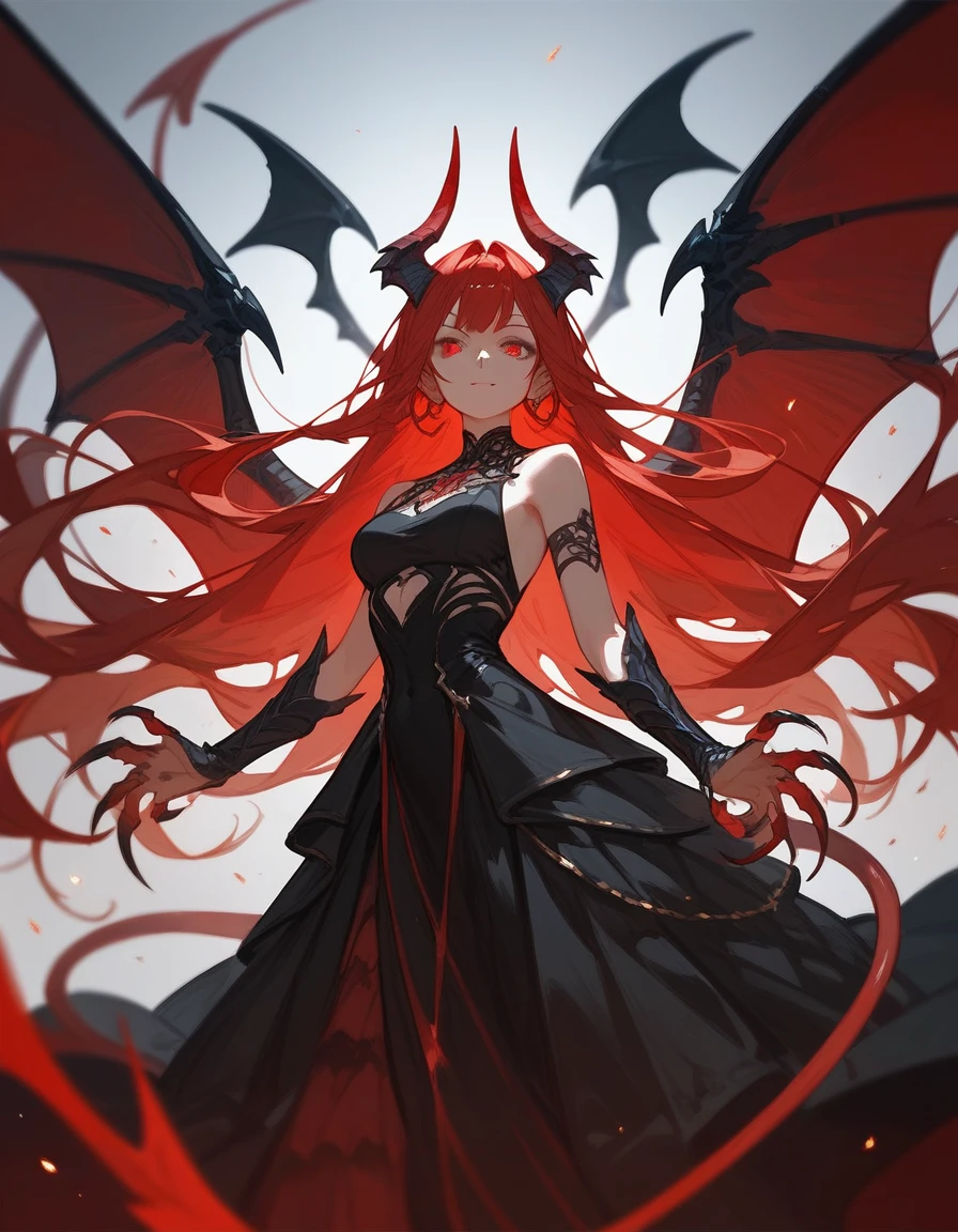 (score_9,score_8_up,score_7_up),1girl,girl demon,red hair,red eyes,wings,claws,black dress,beautiful_face,