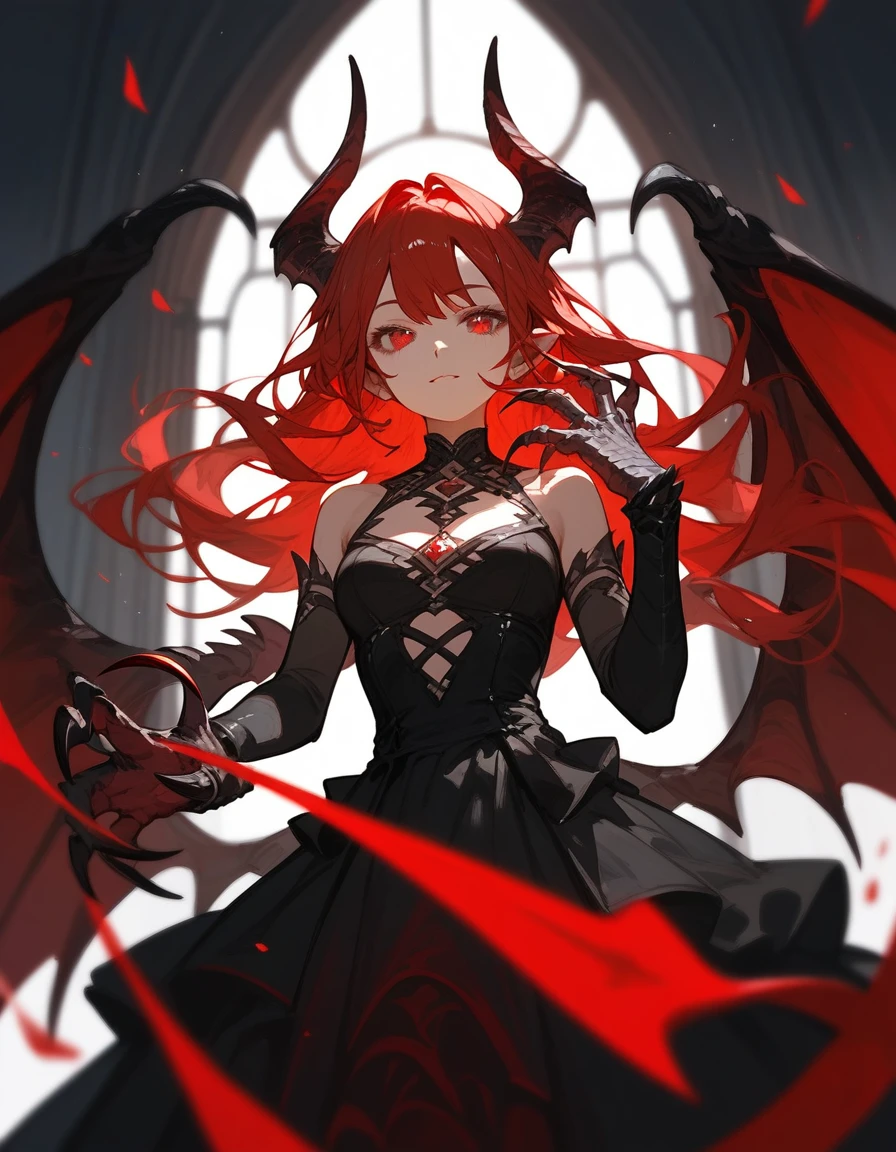 (score_9,score_8_up,score_7_up),1girl,girl demon,red hair,red eyes,wings,claws,black dress,beautiful_face,