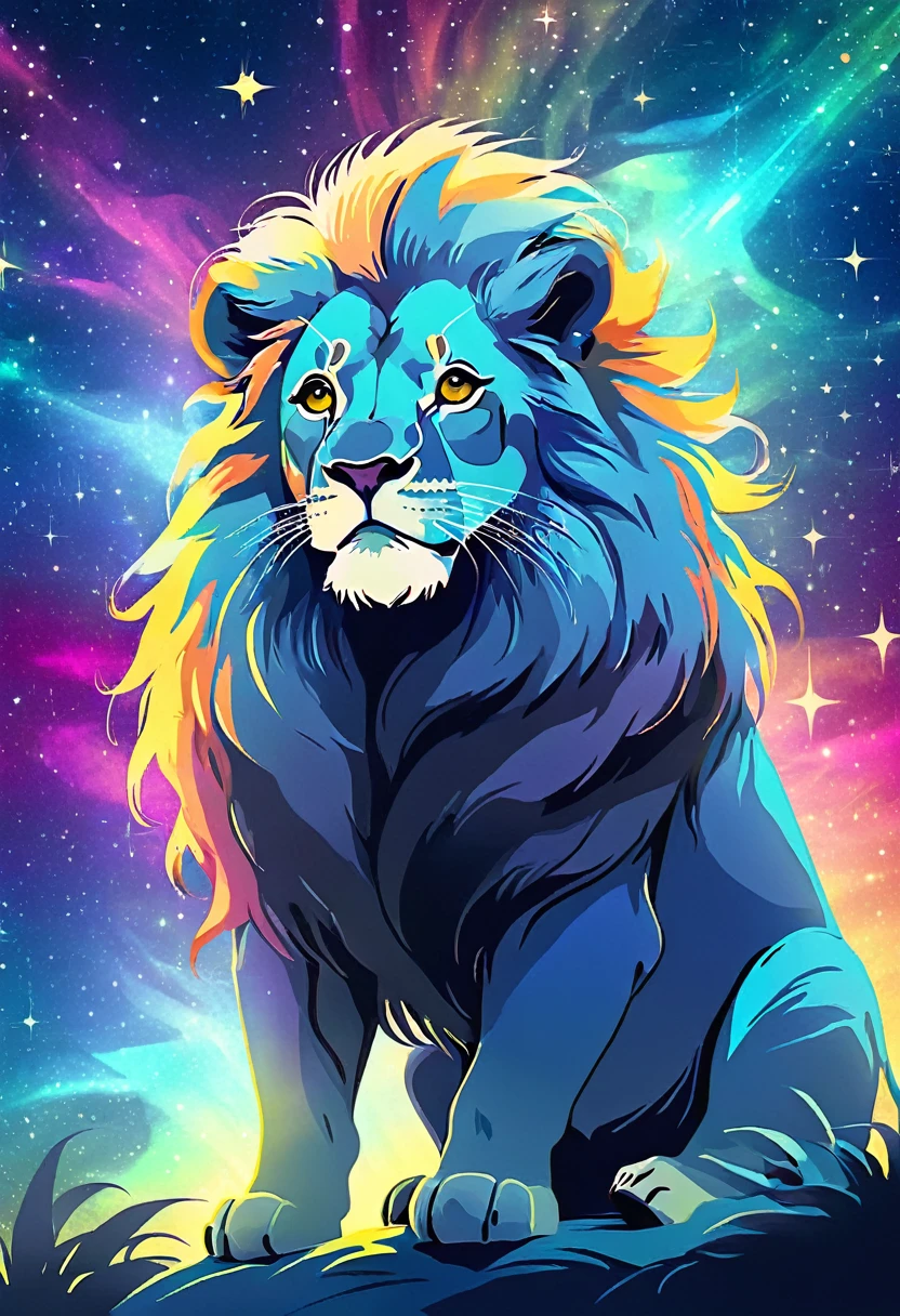 a lion silhouette composed by bright stars. Cosmic background