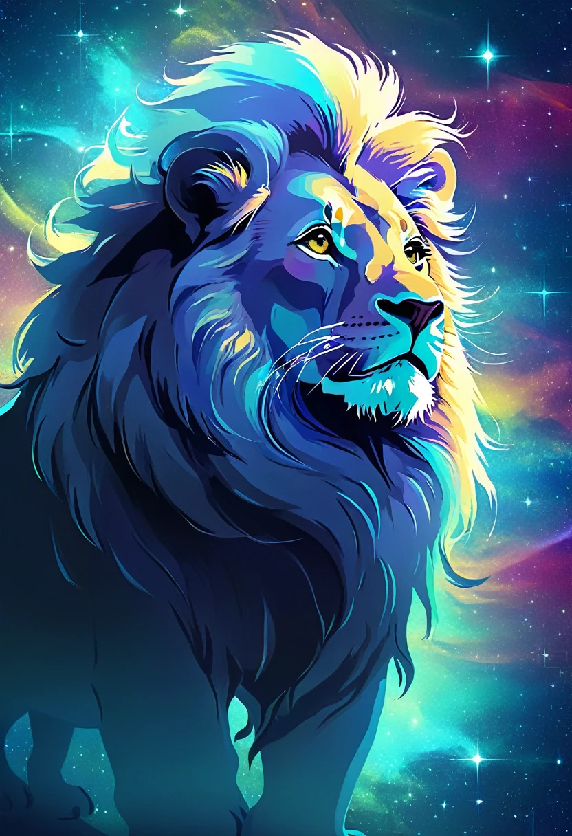 a lion silhouette composed by bright stars. Cosmic background