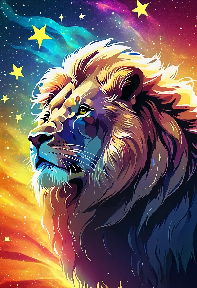 a lion silhouette composed by bright stars. Cosmic background