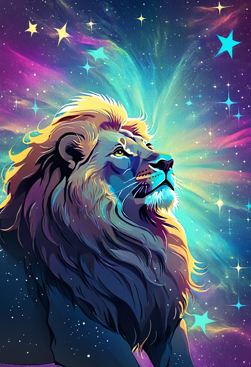 a lion silhouette composed by bright stars. Cosmic background