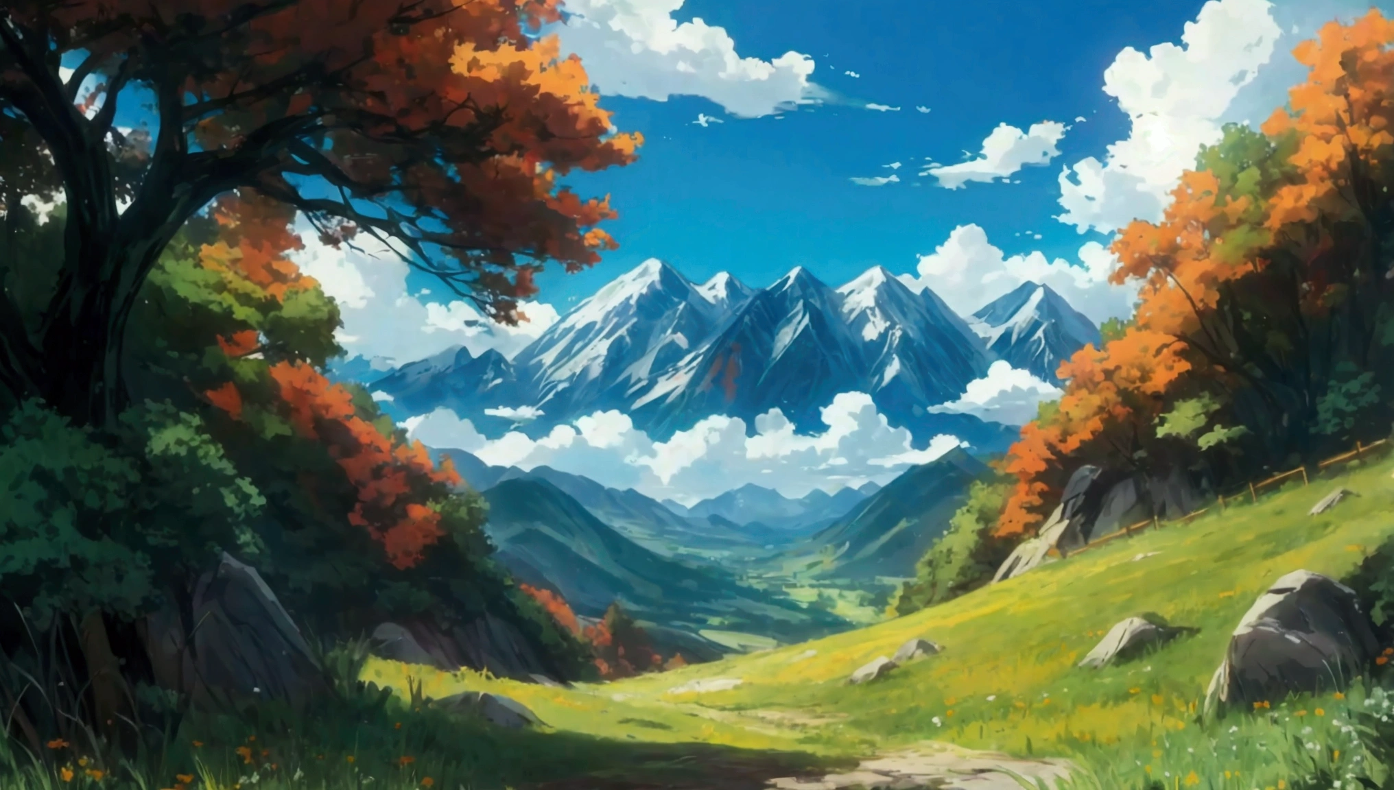 anime field with mountains and fields