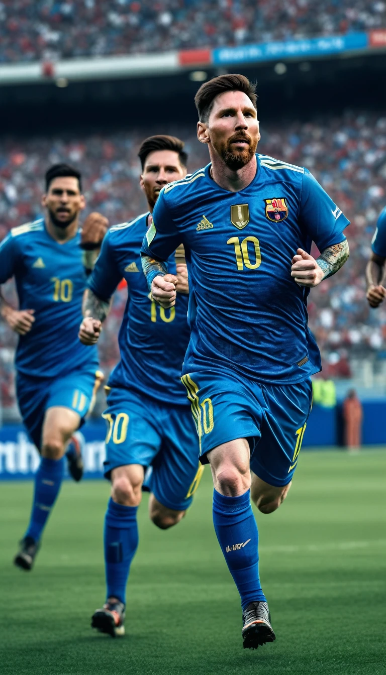Alafi footballers in blue uniforms run and cheer on the pitch, Julia Pishtar（Julia Pishtar）digital rendering, drools, Renaissance, Footballer Lionel Messi, Lionel Messi, Portrait of Lionel Messi, dribbble, Cristiano Ronaldo as Batman, , Lionel Messi of Lima,16K