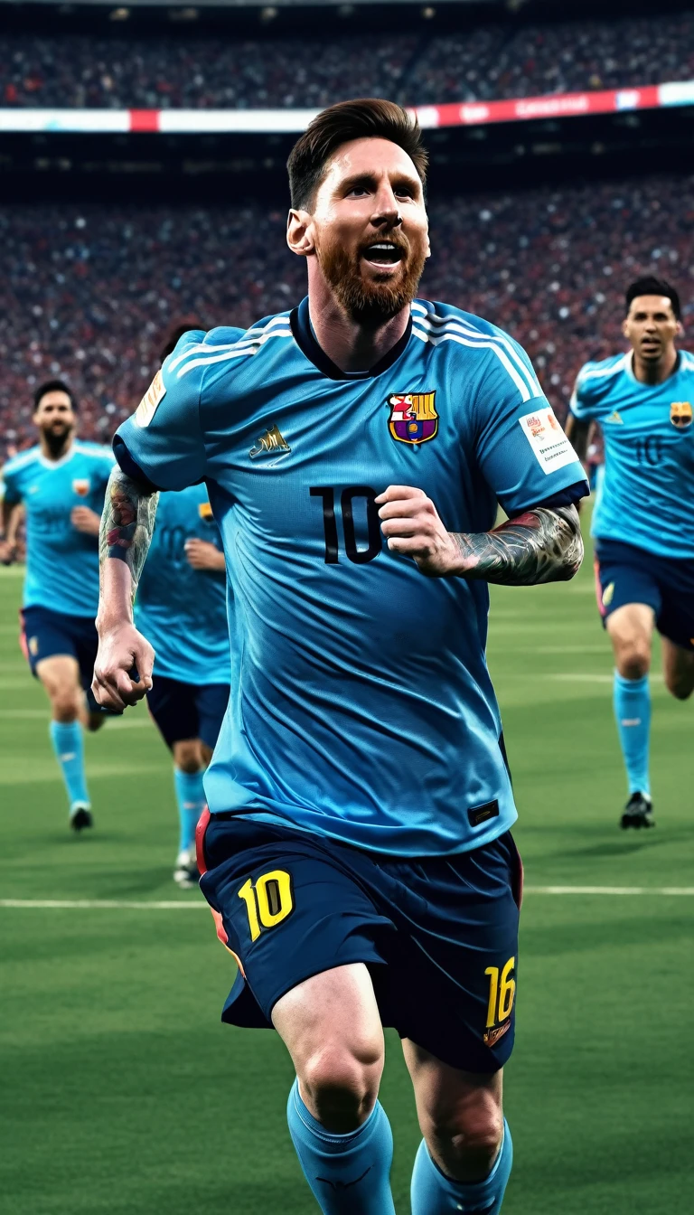 Alafi footballers in blue uniforms run and cheer on the pitch, Julia Pishtar(Julia Pishtar)digital rendering, drools, Renaissance, Footballer Lionel Messi, Lionel Messi, Portrait of Lionel Messi, dribbble, Cristiano Ronaldo as Batman, , Lionel Messi of Lima,16K