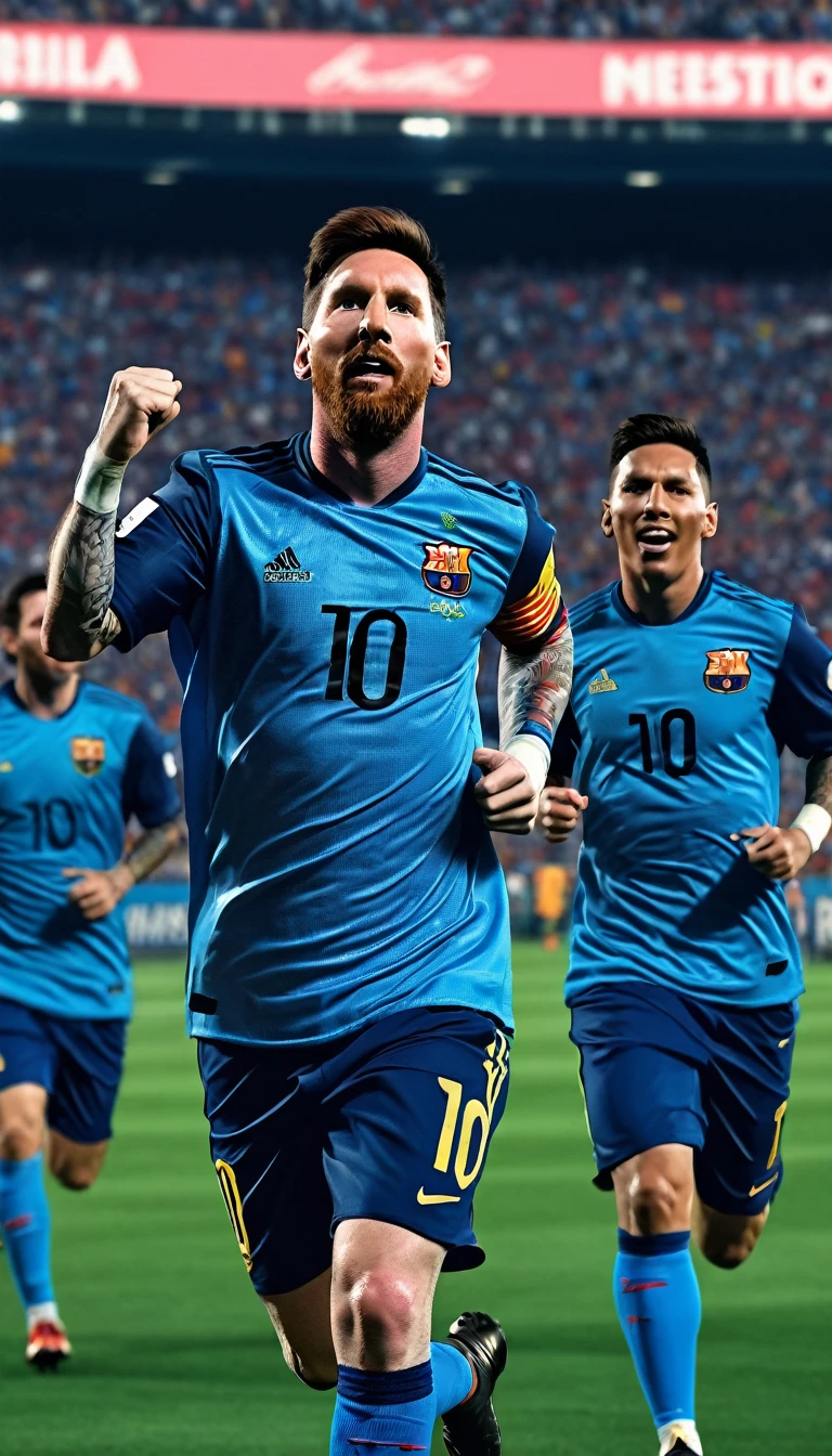 Alafi footballers in blue uniforms run and cheer on the pitch, Julia Pishtar（Julia Pishtar）digital rendering, drools, Renaissance, Footballer Lionel Messi, Lionel Messi, Portrait of Lionel Messi, dribbble, Cristiano Ronaldo as Batman, , Lionel Messi of Lima,16K