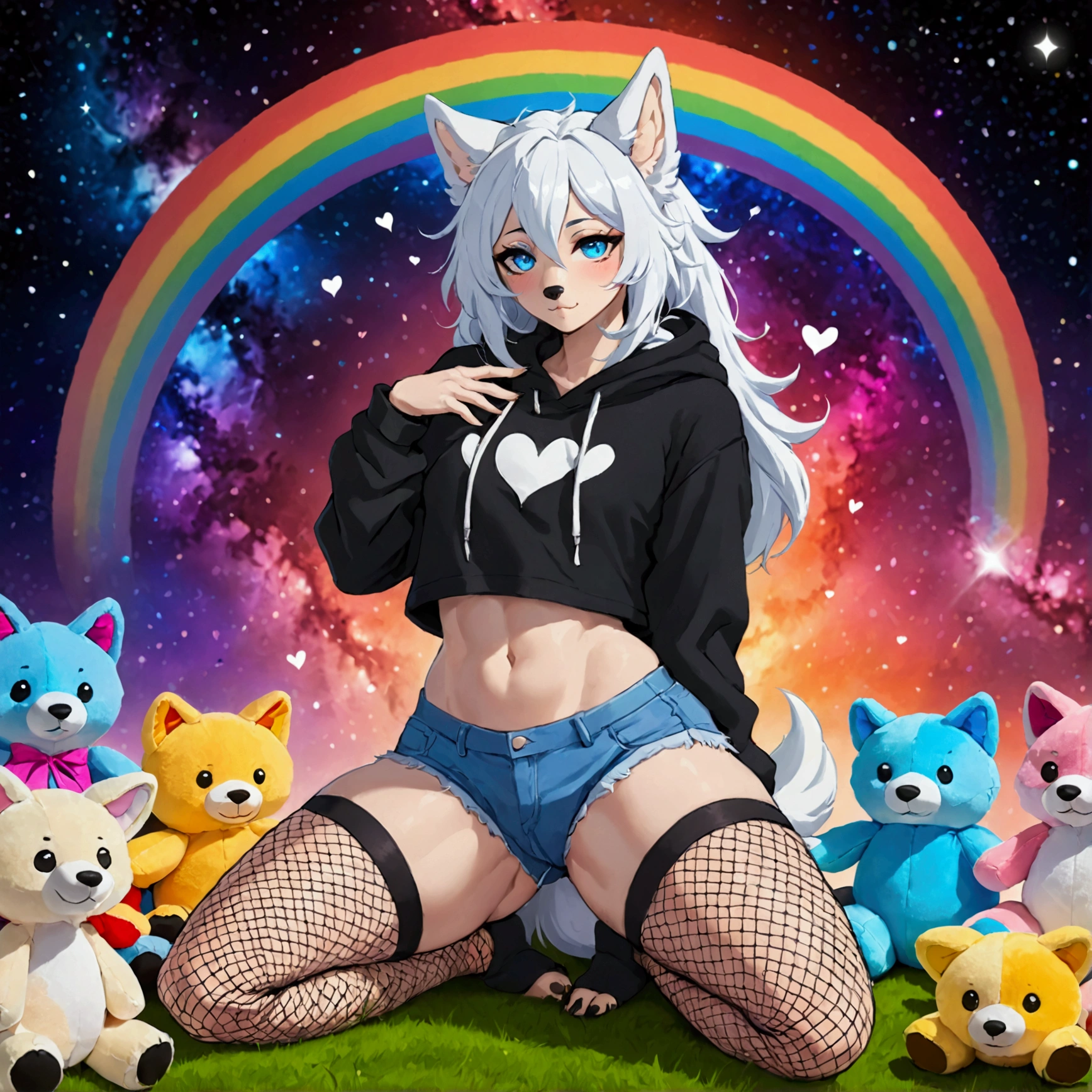 a cute adult male with wolf ears, long white hair, long locks, has a wolf tail, wearing a loose cropped black hoodie, wearing a pair of denim short shorts and fishnet stockings, thick thighs, wide hips, relaxing on mound of fluffy multi colored plushies, short, very slim, showing slender tummy, heart on hoodie, squishy thighs, has glowing blue eyes. alone, solo (ALONE)(SOLO), surrounded by rainbows, colorful galaxy backround, stretching