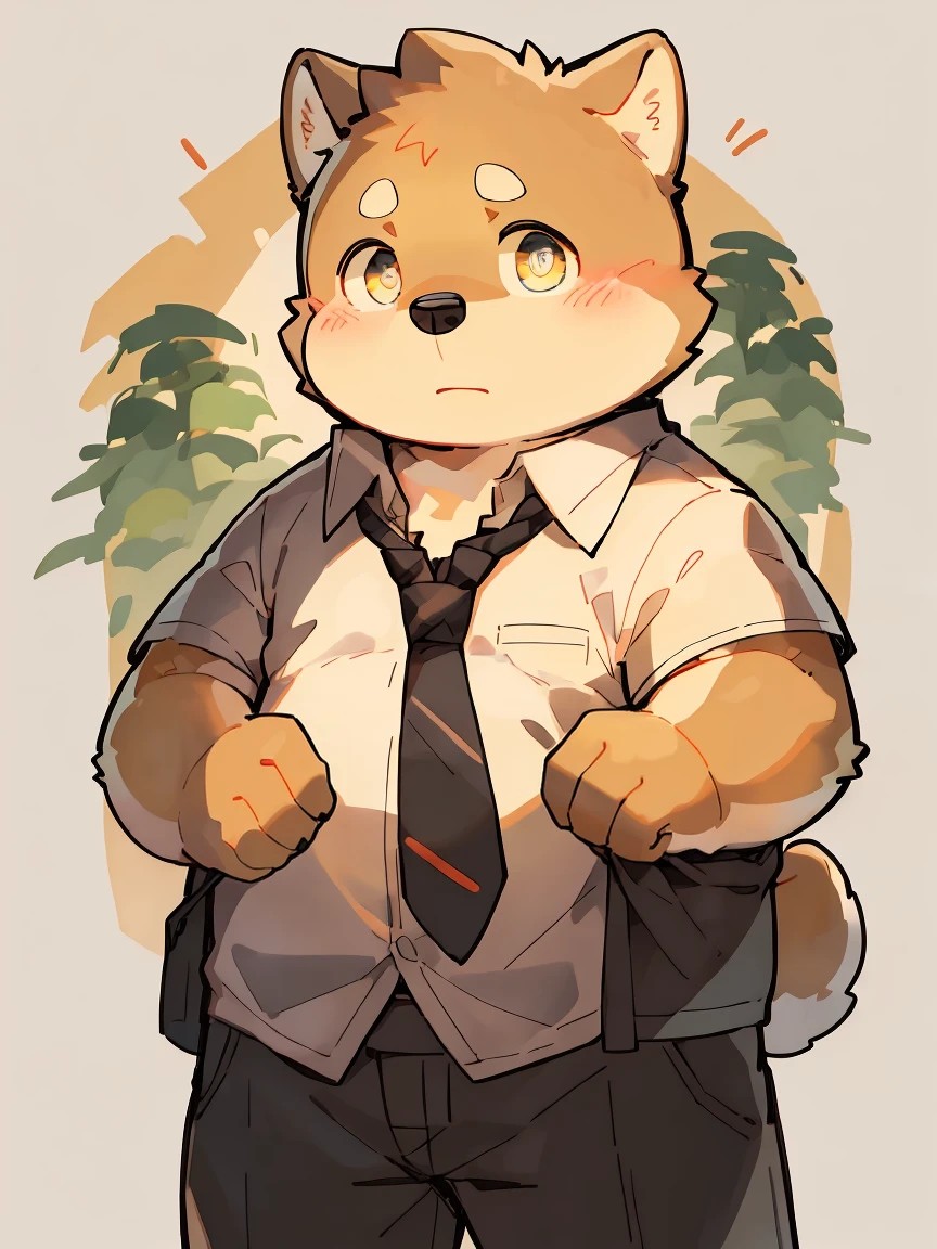 masterpiece, best quality, Perfect anatomical structure, Bright Eyes, Big watery eyes, Provided by RUHU1145, hairy, (Shiba Inu), fur(trigger:0.3),Boys, solitary,Shy,Black pants,White shirt,((tie)),(Chubby body)