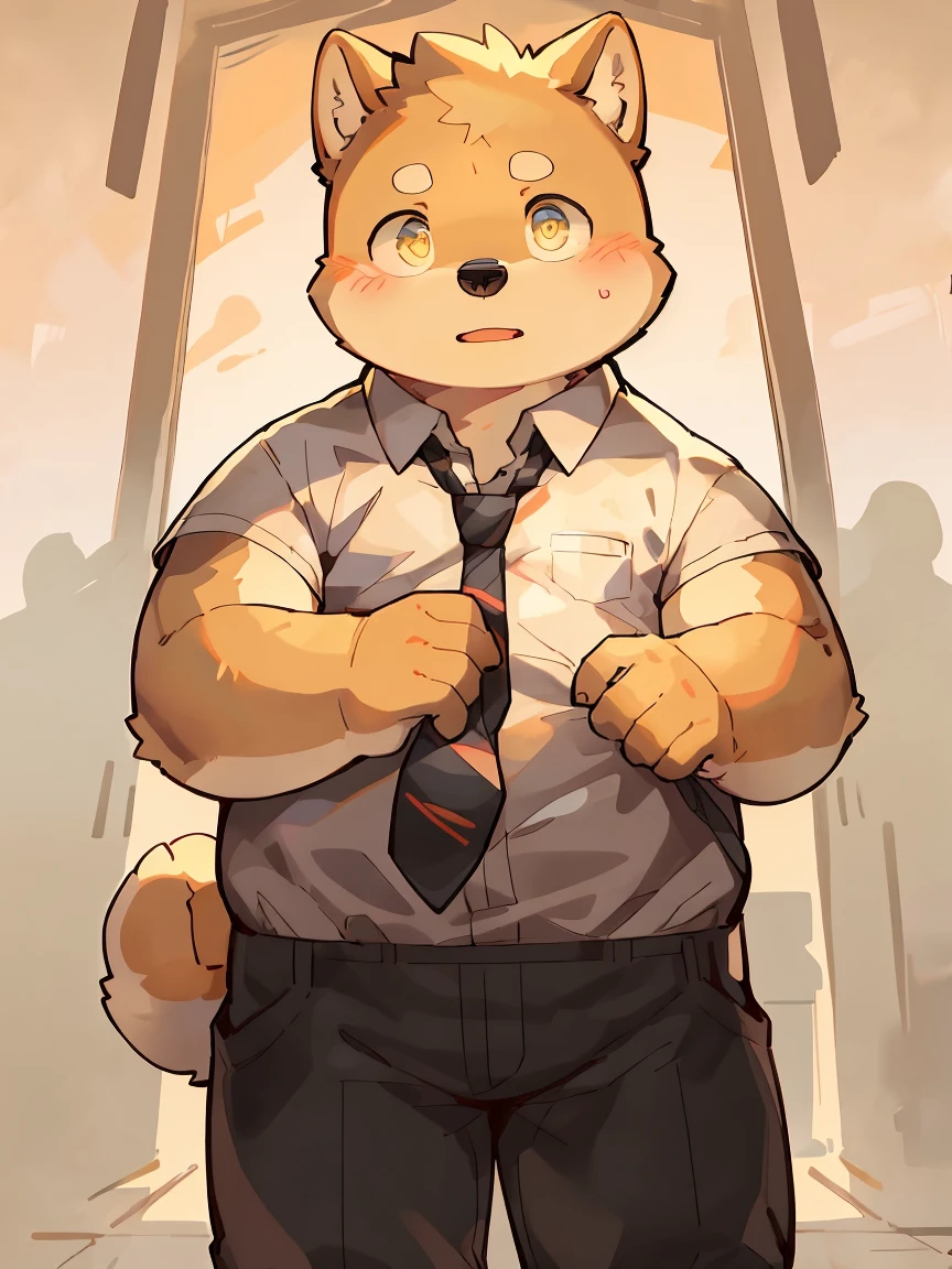 masterpiece, best quality, Perfect anatomical structure, Bright Eyes, Big watery eyes, Provided by RUHU1145, hairy, (Shiba Inu), fur(trigger:0.3),Boys, solitary,Shy,Black pants,White shirt,((tie)),(Chubby body)