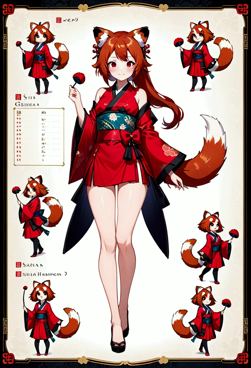 various positions, character sheet, beautiful WOMAN HALF RED PANDA EASTERN GEISHA STYLE, with geisha outfit, with red panda ears and tail, full body, long hair, with a sensual smile, with a not so short skirt, use as an example Sanjouno Haruhime from the anime Dungeon ni Deai o Motomeru no wa Machigatte, anime style