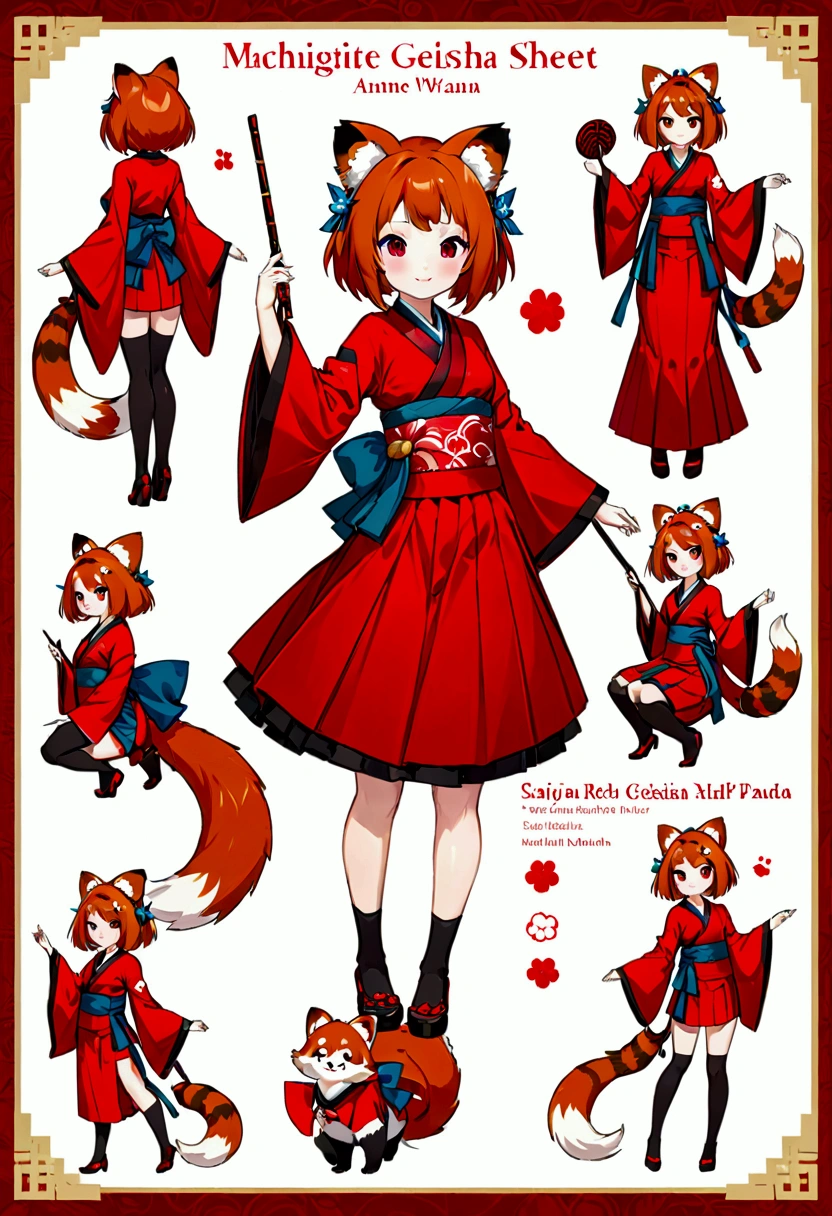 various positions, character sheet, beautiful WOMAN HALF RED PANDA EASTERN GEISHA STYLE, with geisha outfit, with red panda ears and tail, full body, long hair, with a sensual smile, with a not so short skirt, use as an example Sanjouno Haruhime from the anime Dungeon ni Deai o Motomeru no wa Machigatte, anime style