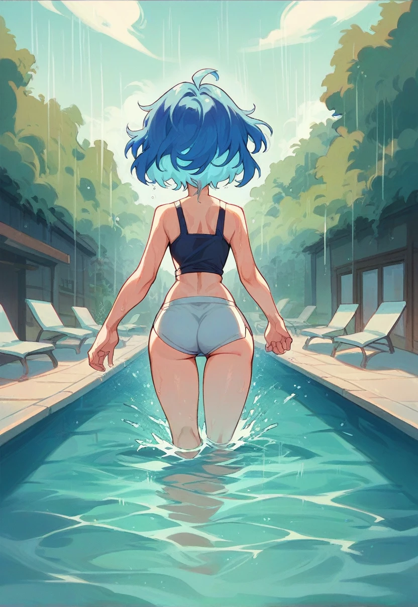(masterpiece, best quality:1.2), 1girl, solo, blue_eyes, sitting, window, looking_up, flat_chest, unbuttoned_shirt, blue_hair, white_socks, closed_mouth, bangs, loose_socks, indoors, knees_spread_feet_apart, pussy, sunset, full_body, short_sleeves, rain, bare_legs, water_drop, very_long_hair, ponytail, topless, pants_around_ankles