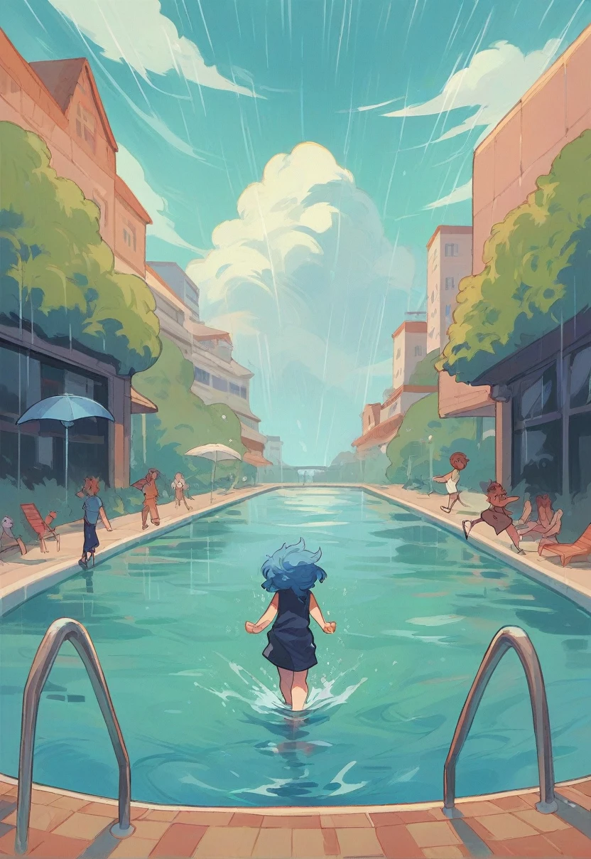 Blue haired woman, a little body fat, walking on planet earth in the shape of a swimming pool, 8k, psychedelia, rain of angels falling from the sky, black goats running