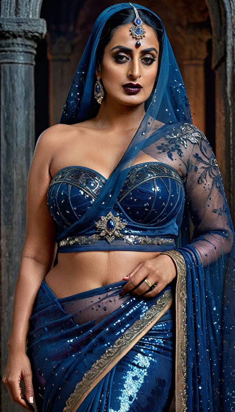 Looks like Mahie Gill, full body Closeup shot, Big chubby aunty, milf, cougar lady witch, horny Gothic milf,  70 years old gorgeous mature lady, pervert demoness, demoness of lust, curvy, black lips, horny face, extremely gorgeous, thick figure, heavy physique, voluptuous, curvy, sexy figure, Fashionable portrait of androgynous alien looking witch wearing veil, glowing eyes, futuristic design, minimal details, givenchy, photoreal, 200mm, hd, f/ 2.0, highly detailed, surreal, sexy beautiful evil woman, sexy bold sequin Saree with strapless Bra, chudail, Pishachini, horror genre, blood-thirsty enchantress, powerful female spirit, eerie, drop dead, in the style of red and blue, (intricate details, hyperdetailed:1.15) (skin texture:1.2), dark Moody tone, cinematic lighting, haunted place in background, 