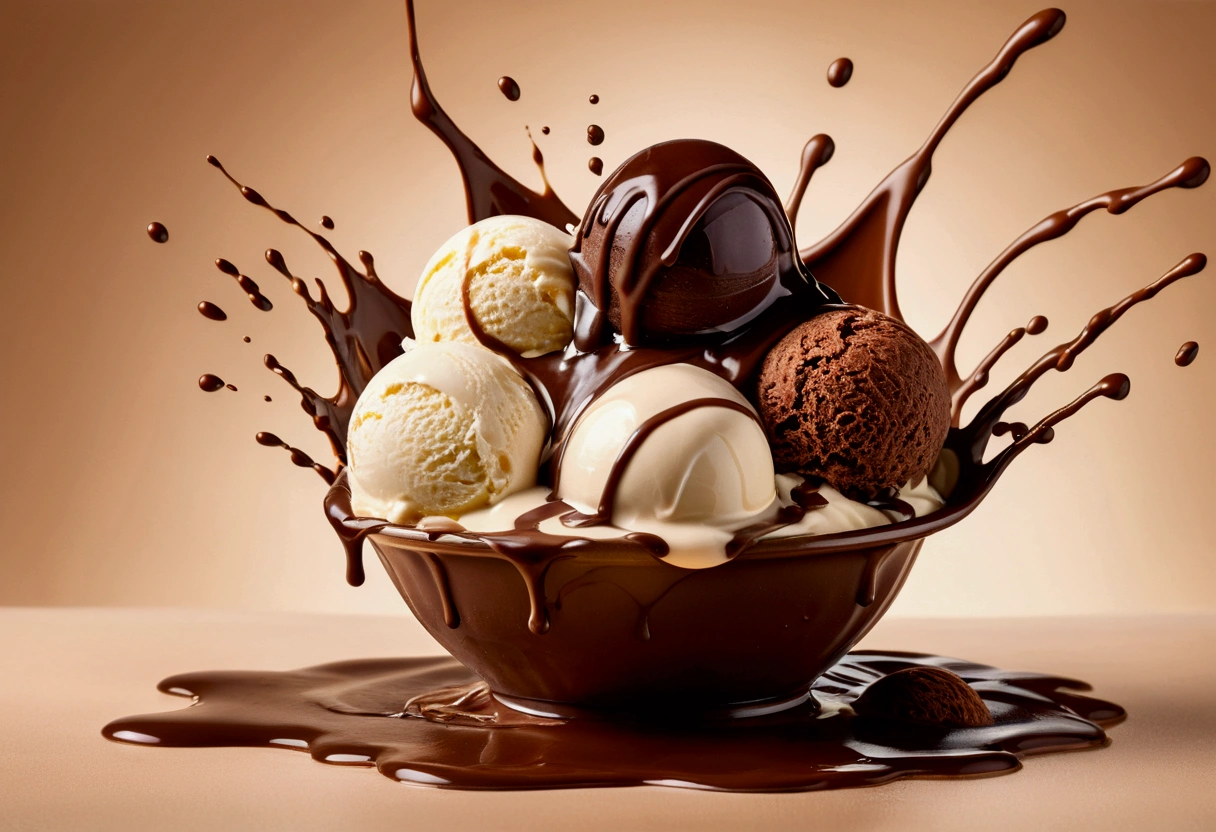 a picture of an ice cream, yogurt and chocolate splashing in the elegant cream color background like in a commercial, everything in focus
