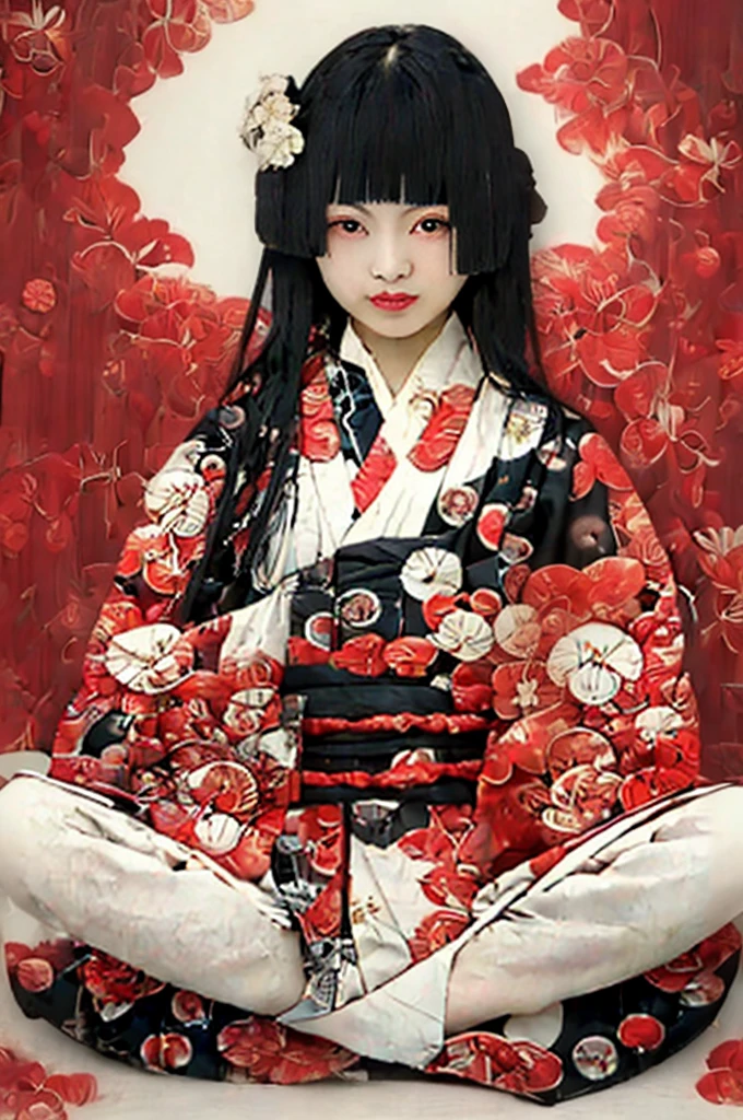 (masterpiece:1.2), Highest quality,Pixiv,
Black Hair, kimono, flower柄プリント, One girl, hair ornaments, horn, Sitting, View your viewers, flower, kimono, blue eyes, hair flower, Earrings, Long Hair, Haori, jewelry, with own hands, Tassel, Wide sleeves, Red eyes, Mouth closed, Long sleeve, print kimono, black kimono, In the same way, bangs, smile