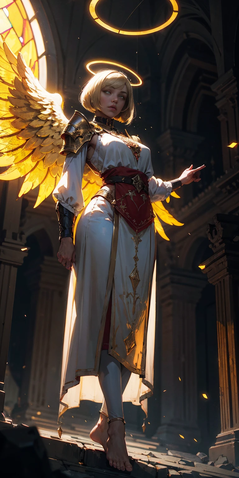 low angle, from below, paladin templar lady in white tabard, legwear, glowing yellow eyes, collar, golden chainmail, wide hips, barefoot, angel wings, pauldrons, halo, bob cut, blonde, eye focus, red cape, temple indoors, decorations, stained glass windows, night, particles, chromatic aberration, detailed, cinematic, dark scene, fantasy