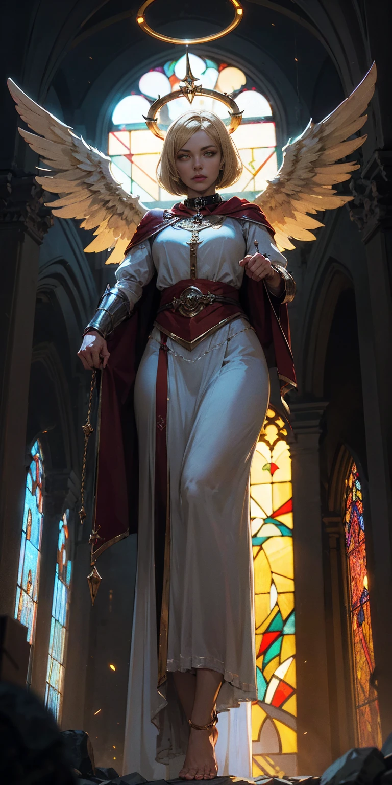 low angle, from below, paladin templar lady in white tabard, legwear, glowing yellow eyes, collar, golden chainmail, wide hips, barefoot, angel wings, pauldrons, halo, bob cut, blonde, eye focus, red cape, temple indoors, decorations, stained glass windows, night, particles, chromatic aberration, detailed, cinematic, dark scene, fantasy