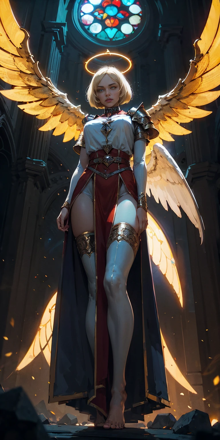 low angle, from below, paladin templar lady in white tabard, legwear, glowing yellow eyes, collar, golden chainmail, wide hips, barefoot, angel wings, pauldrons, halo, bob cut, blonde, eye focus, red cape, temple indoors, decorations, stained glass windows, night, particles, chromatic aberration, detailed, cinematic, dark scene, fantasy