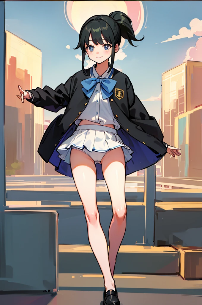 (masterpiece, Highest quality, detailed:1.3),(photograph:1.3), HD transparent background, Attention to detail,cute,One Girl, cute表情, smile,、Sparkling eyes,The audience watching,(small),smile, Perfect Face,Navy blue mini skirt,Full body portrait、Hair tied up、uniform、Town、Outdoor、blue sky、Black Hair、((White panties))、