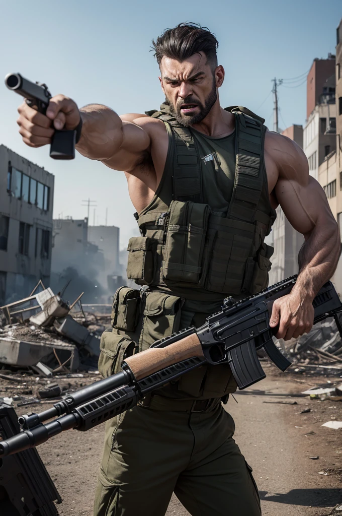 A muscular man with an extremely angry expression, bulging veins and furrowed eyebrows. He is firmly holding an assault rifle with both hands and is pointing it straight ahead. The background is a tense environment, such as a battlefield or a destroyed urban location, highlighting the intensity of the scene."