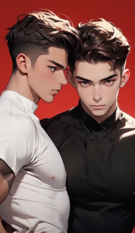 2hommes, mise au point du visage, 1 adulte costume cheveux noir peau clair yeux sombre grand muscle muscles , 1 ager 18 years old high brown hair very white skin brown eyes , Best quality, facial detail, red background detail, fond bokeh, deux jeunes hommes, a brown hair high school student, et l'autre cheveux noir garde du corps muscle, represents a forbidden relationship with two men,fond rouge,absurdes,chef-d'artwork,high resolution,Complex and detailed,a Sigma male,sexy,muscle,strutting en plein air,Des yeux magnifiques,detailed face,pluie battante,en plein air,Illumination globale,Diffusion souterraine, drinking a cigarette schoolboy