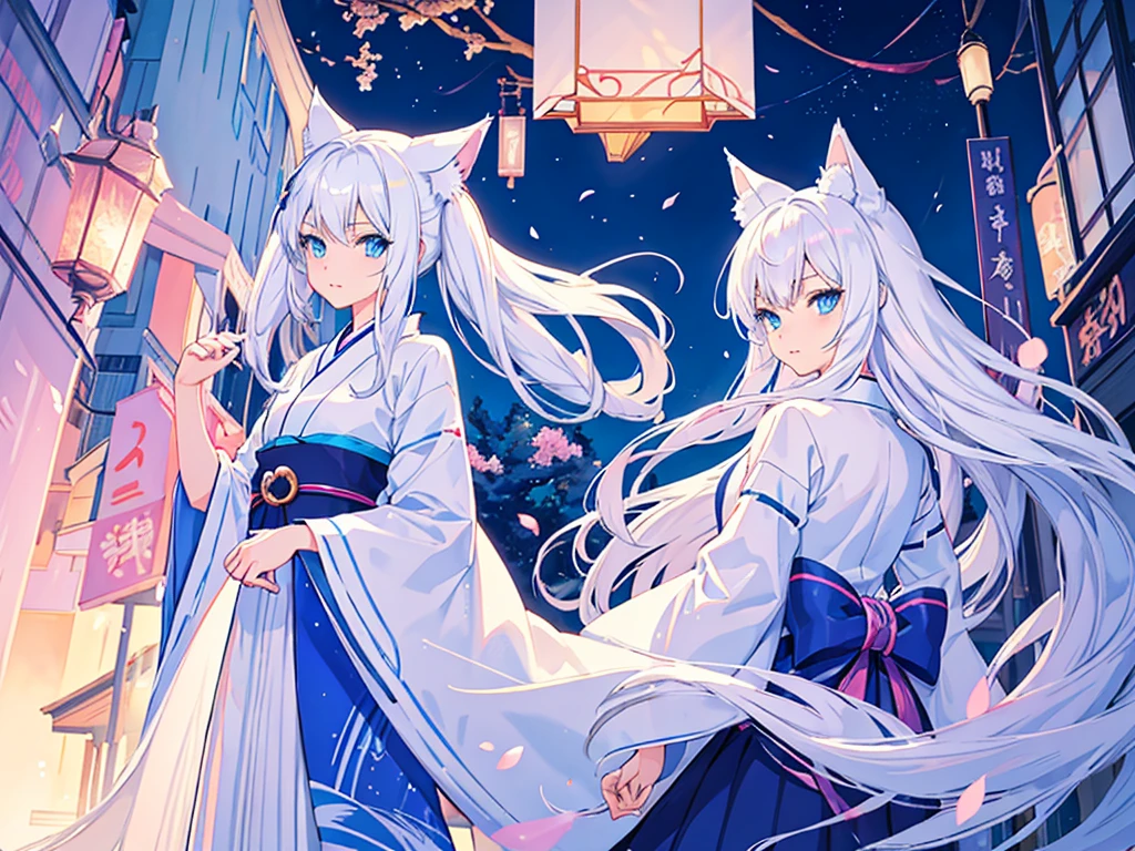 Anime girl with white hair and blue eyes wears a white kimono., white cat girl, cute catgirl anime, White-haired fox, Holo is a werewolf girl., Very beautiful anime cat girl, beautiful catgirl anime, catgirl anime, in anime style, Anime style pictures, narrow, Hello if you are a wolf girl, anime art style