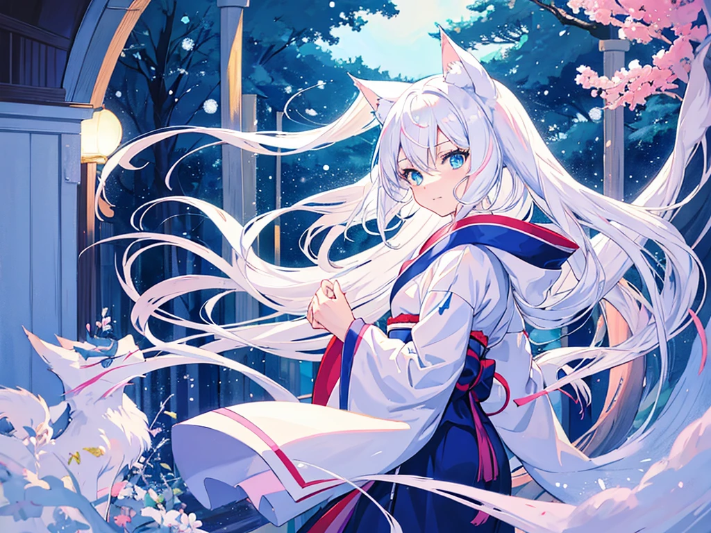 Anime girl with white hair and blue eyes wears a white kimono., white cat girl, cute catgirl anime, White-haired fox, Holo is a werewolf girl., Very beautiful anime cat girl, beautiful catgirl anime, catgirl anime, in anime style, Anime style pictures, narrow, Hello if you are a wolf girl, anime art style