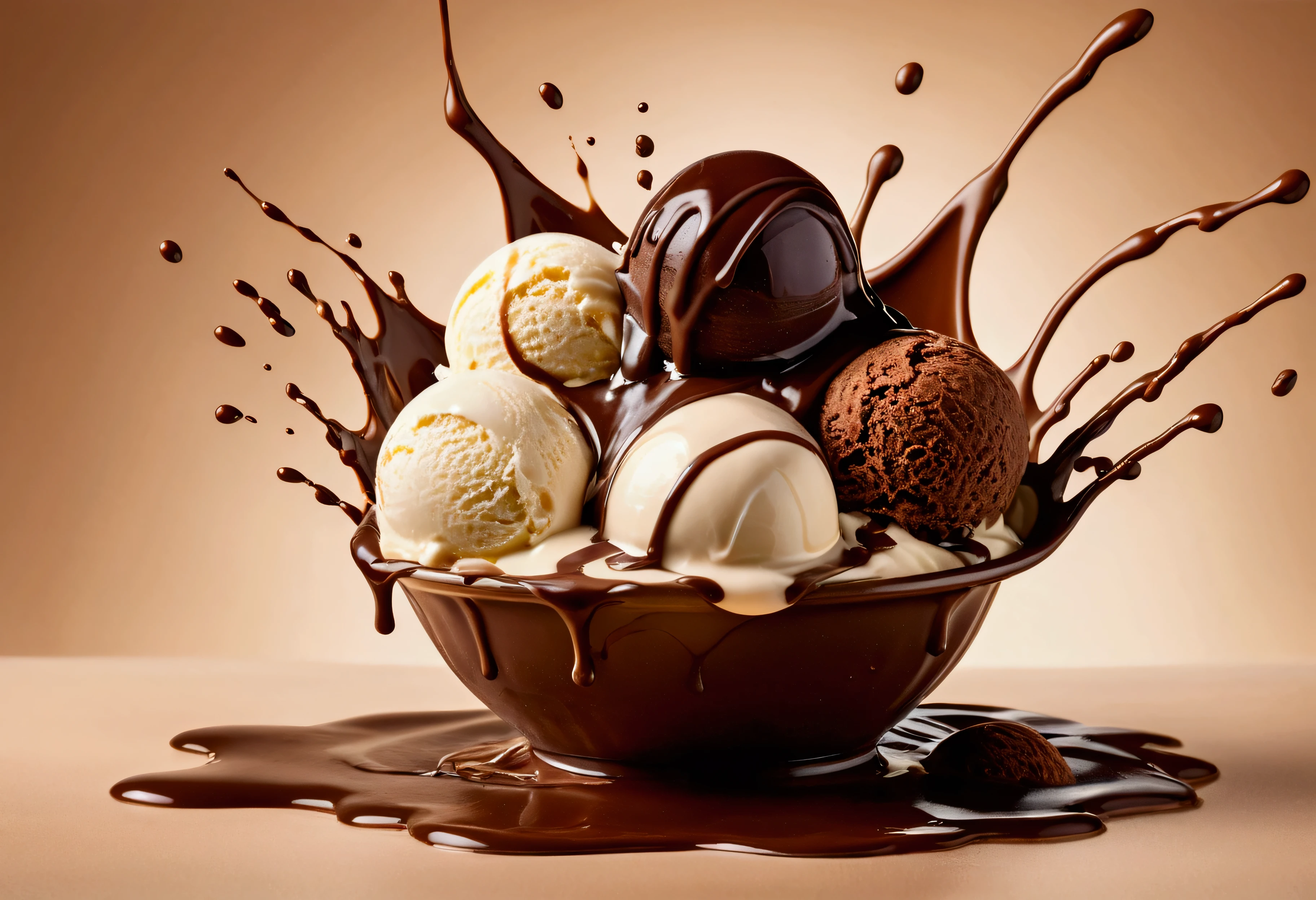 a picture of an ice cream, yogurt and chocolate splashing in the elegant cream color background like in a commercial, everything in focus