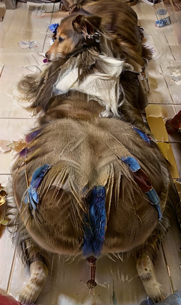 a husky is fucking and from behind lying on the floor looking at beautiful red diamonds, blue and golden yellow scattered across the floor. view from side. in a room lit by candles.
