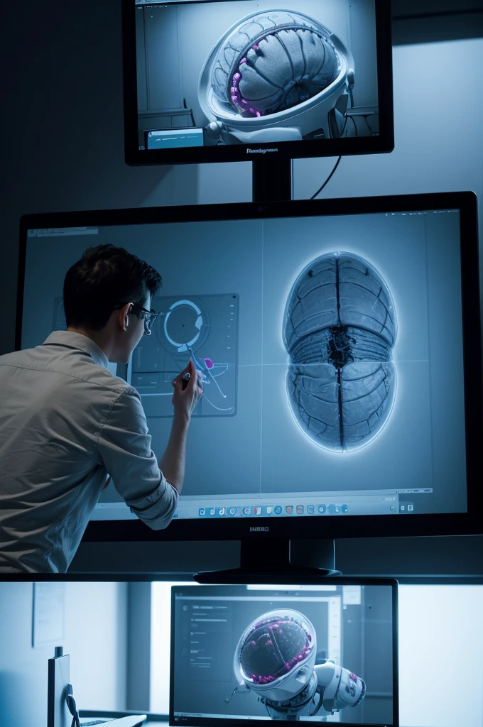 Develop a Pixar cartoon image of a radiotherapy treatment planning room. Show a medical physicist and a radiation oncologist analyzing a CT scan on a computer, with a three-dimensional map of the tumor on the screen. Include high-tech equipment and complex dose distribution graphics.