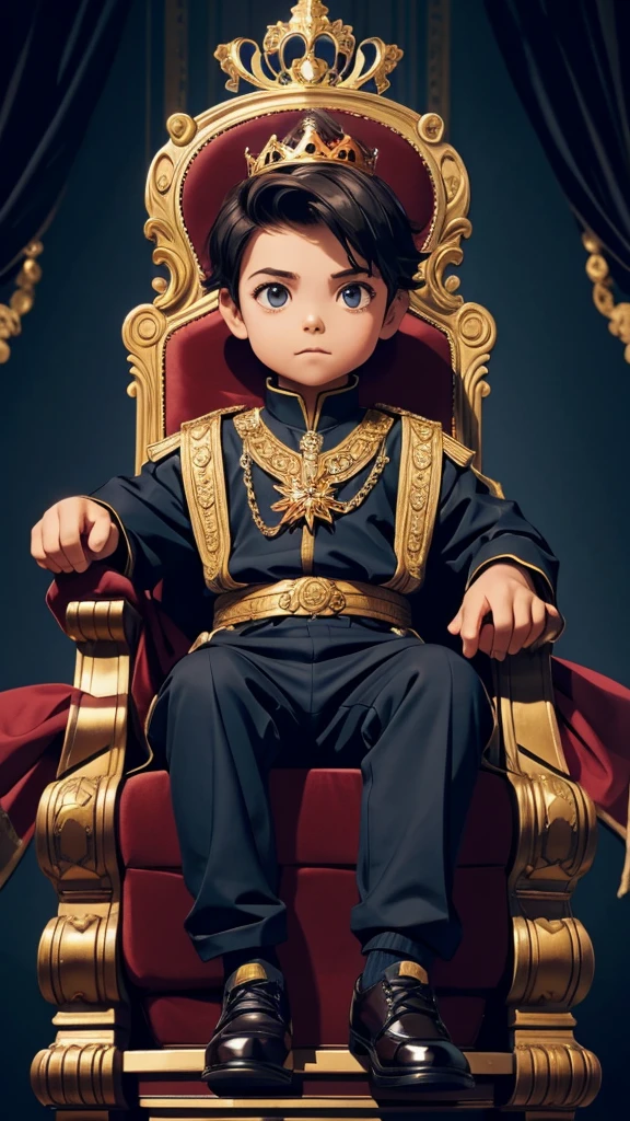 A , sitting on King chair, looks King, head on crown, dark shadows, handsome, super details, rich colours.