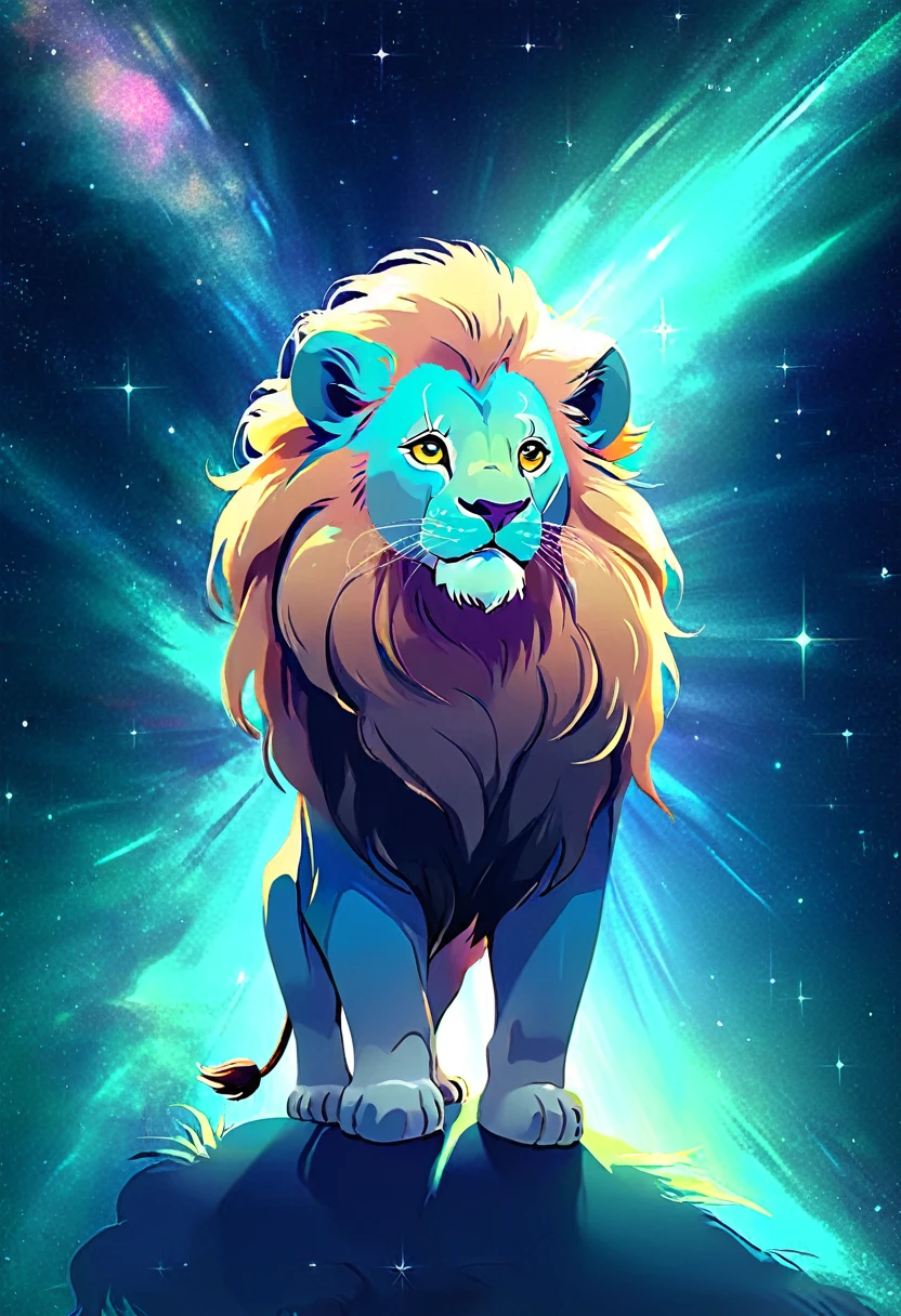 a lion silhouette composed by bright stars. Cosmic background