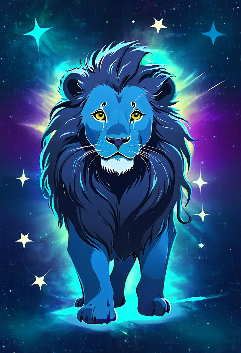 a lion silhouette composed by bright stars. Cosmic background