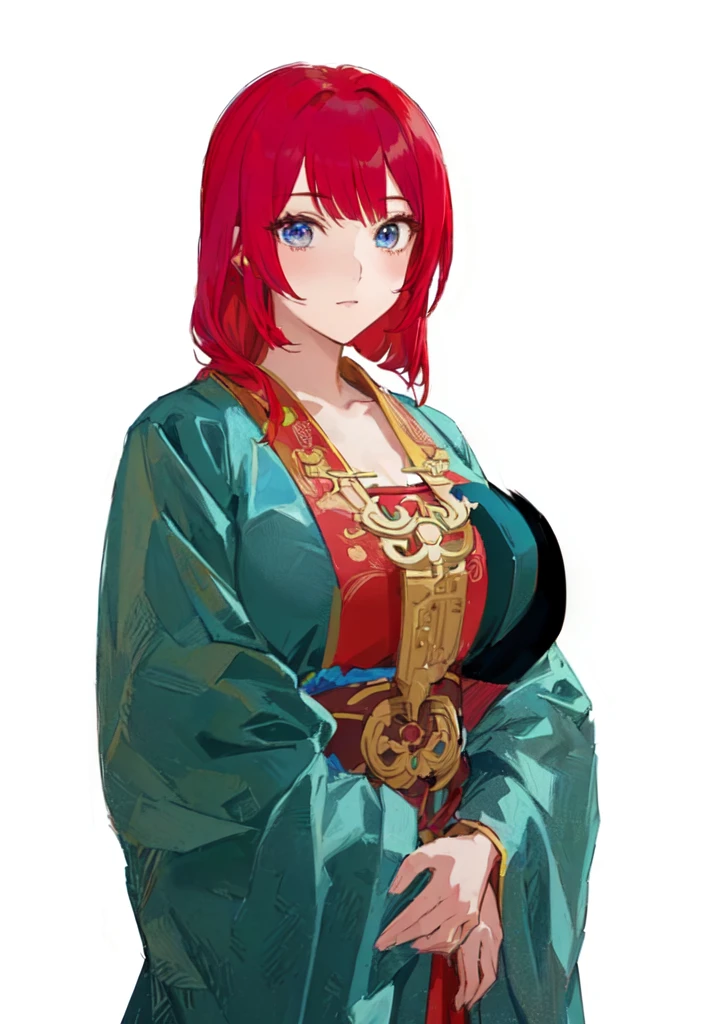 Close-up：A red-haired man in a blue robe, Produced in collaboration with Anime Painter Studio, In the anime painter studio, April Rendering, A rendering of Mirabelle Madrigal, Erza Scarlet as a real person, Anime woman, She has red hair, female anime character, Demon Slayer Rui Fan Art, ((Wearing noble robes)), Wearing Kimono，Blue Eyes，huge ，sex body，big boods，Hanfu，Chinese style