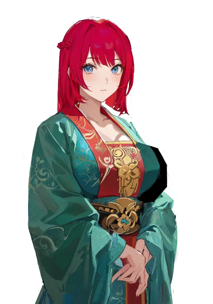 Close-up:A red-haired man in a blue robe, Produced in collaboration with Anime Painter Studio, In the anime painter studio, April Rendering, A rendering of Mirabelle Madrigal, Erza Scarlet as a real person, Anime woman, She has red hair, female anime character, Demon Slayer Rui Fan Art, ((Wearing noble robes)), Wearing Kimono,Blue Eyes,huge ,sex body,big boods,Hanfu,Chinese style