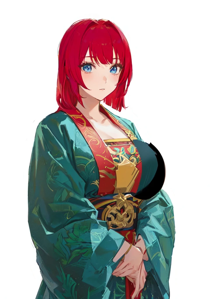 Close-up：A red-haired man in a blue robe, Produced in collaboration with Anime Painter Studio, In the anime painter studio, April Rendering, A rendering of Mirabelle Madrigal, Erza Scarlet as a real person, Anime woman, She has red hair, female anime character, Demon Slayer Rui Fan Art, ((Wearing noble robes)), Wearing Kimono，Blue Eyes，huge ，sex body，big boods，Hanfu，Chinese style