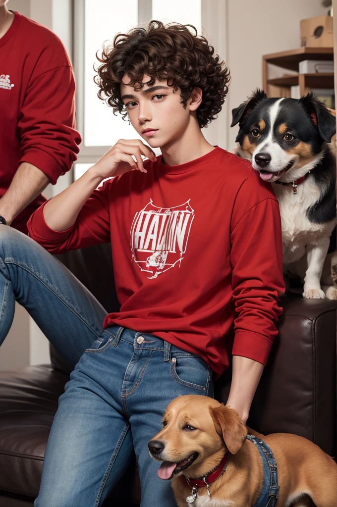 A boy with curly hair in jeans and a red shirt with a dog