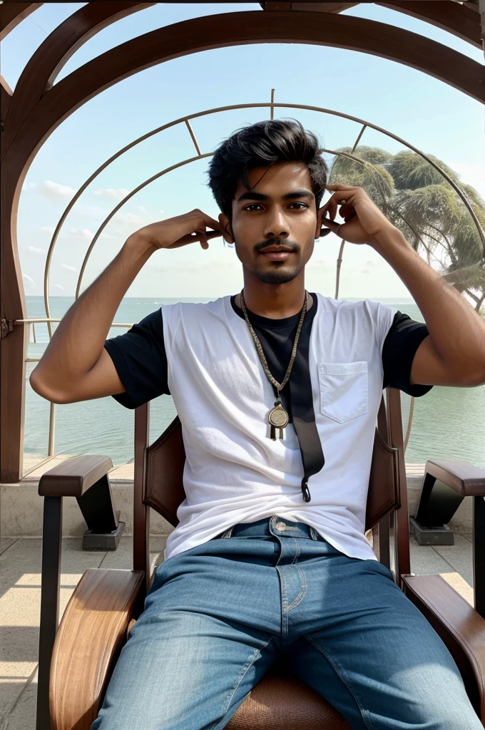 Generate a India boy looking sexy sitting in chair inear marindrive and watching me Exciting