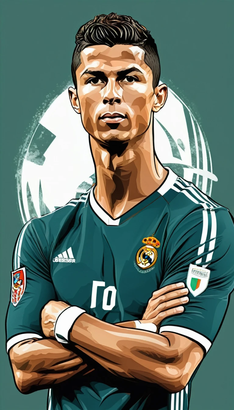 vector illustration, cartoon style, Cristiano Ronaldo, crossed arms.