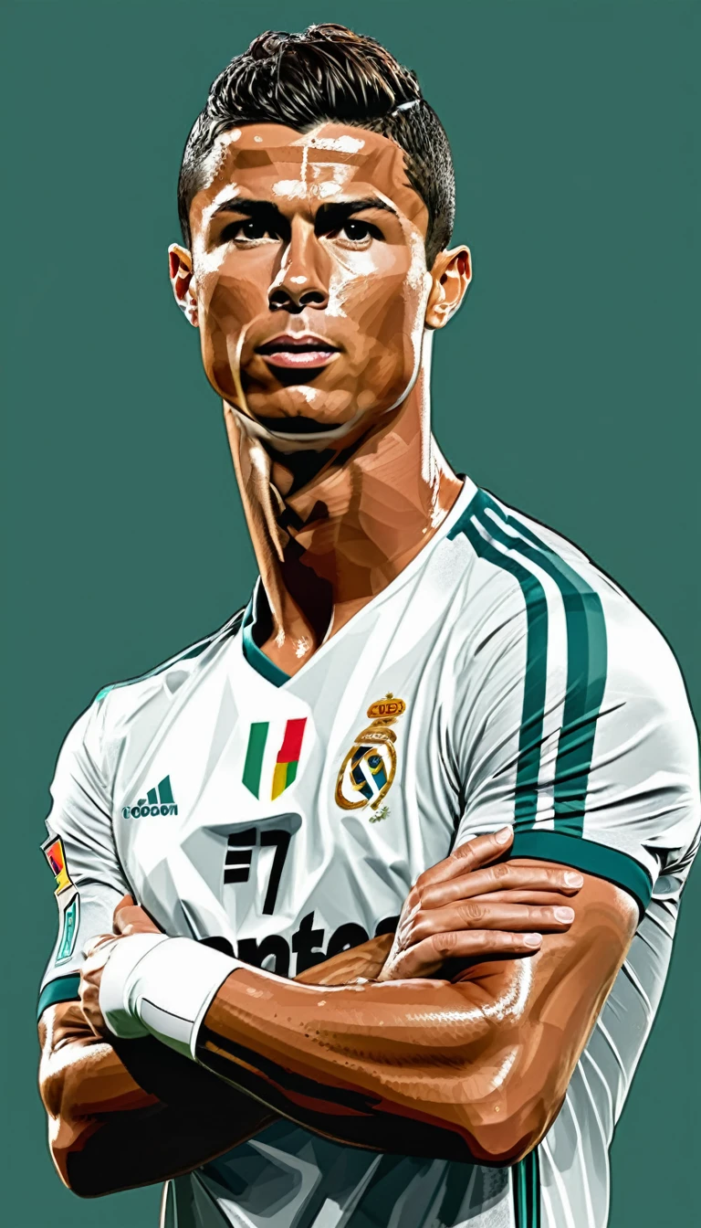 vector illustration, cartoon style, Cristiano Ronaldo, crossed arms.