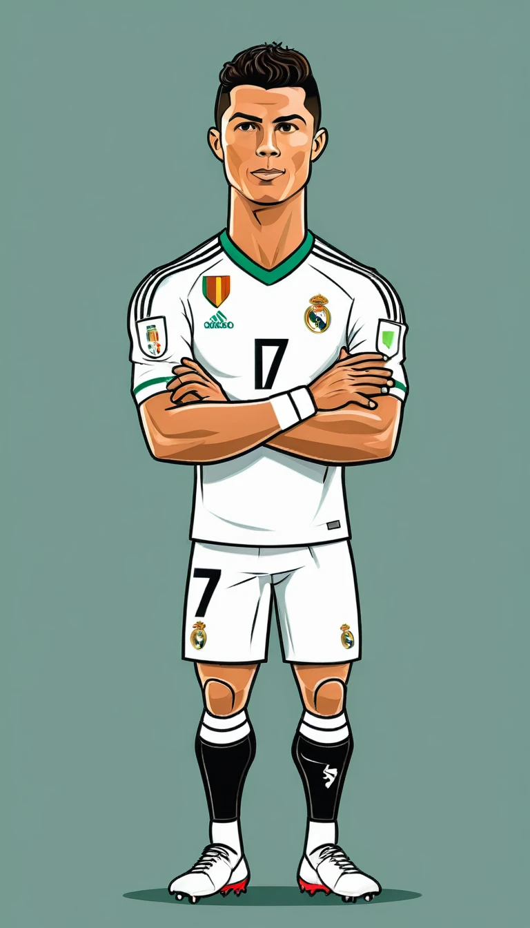 vector illustration, cartoon style, Cristiano Ronaldo, crossed arms.