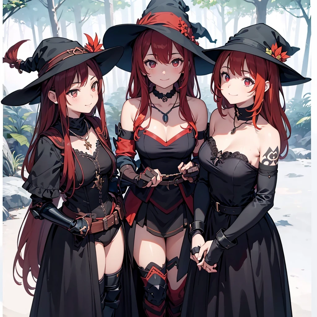 a group of beautiful witch girls in the middle of a forest in the night, tribal tattoo ,multiple girls, five girls, red and blonde hair , standing girl young girl, gloves, elbow pads, boots, smiles, small breasts, long black dress, necklaces, jewelry decorations , black red hair , red hair , black hair , blonde hair, blue eyes, full body,
