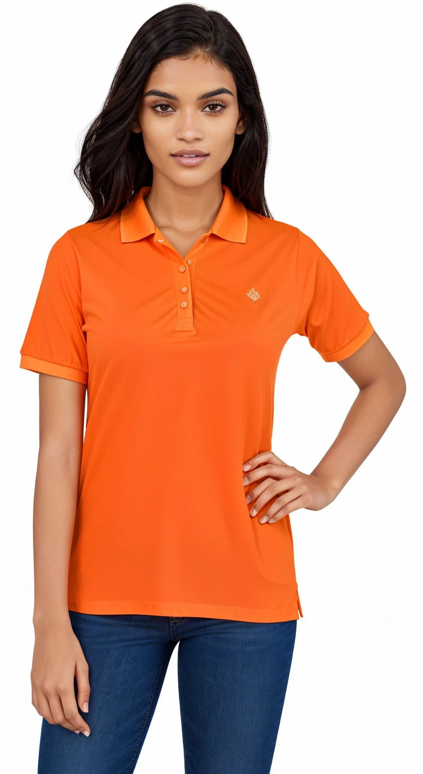 a close up of a woman in an laranja shirt posing for a picture, wearing an laranja t shirt, manga curta, wearing an laranja t-shirt, neon laranja, vestindo camisa polo, laranja, laranja color, very laranja, camisa de colarinho, laranja neon, 3/4 vista frontal, vibrant laranja, dark laranja, laranja body, laranja colors, laranja hue