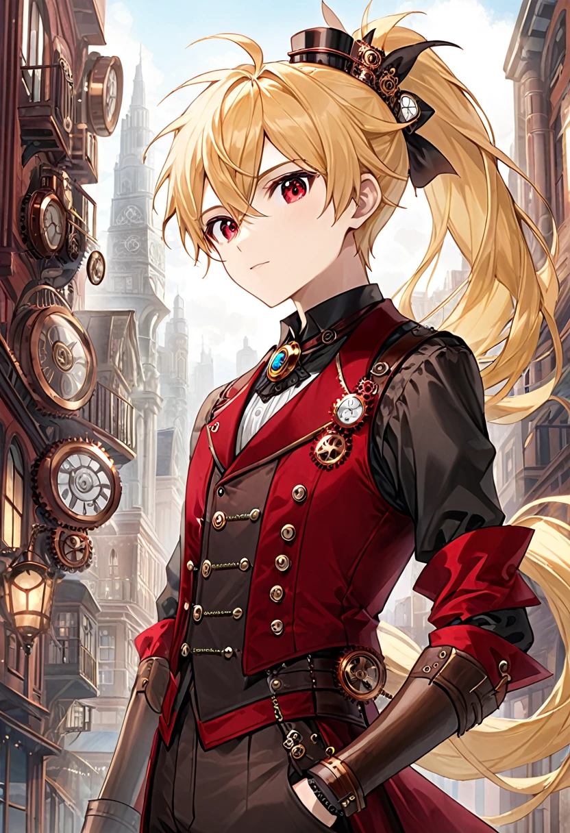 One young boy half-elf, red ruby eyes, beautiful face like girl, Long Ponytail blonde hair, in steampunk suit. City background.