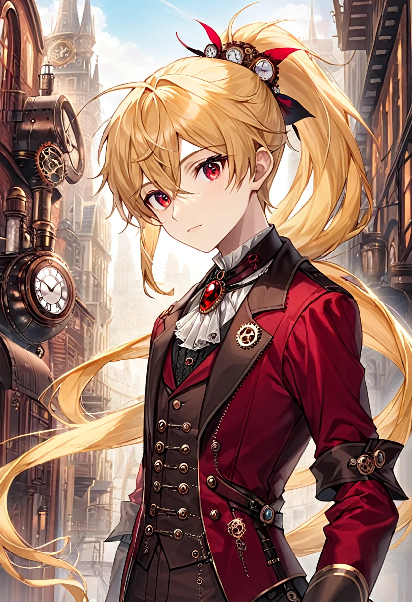 One young boy half-elf, red ruby eyes, beautiful face like girl, Long Ponytail blonde hair, in steampunk suit. City background.