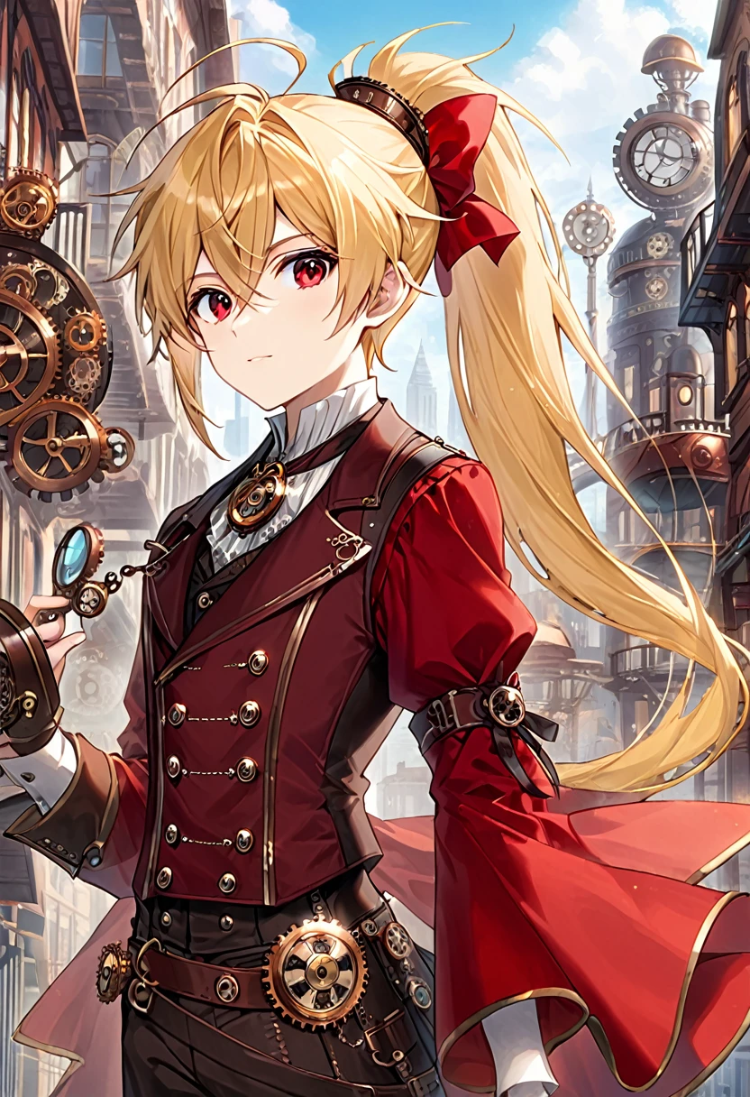 One young boy half-elf, red ruby eyes, beautiful face like girl, Long Ponytail blonde hair, in steampunk suit. City background.