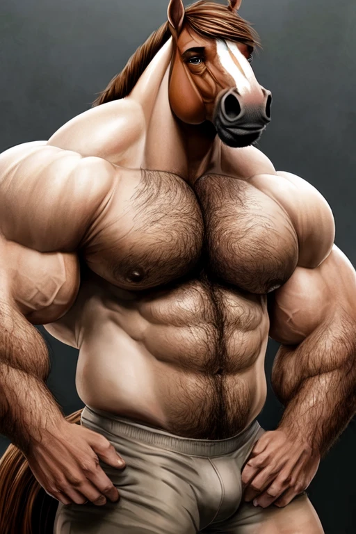 A sexy horse with big muscles and hairy brown and white